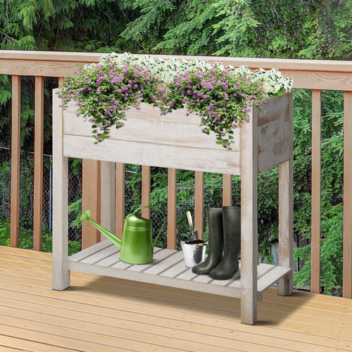 Raised Bed Elevated Wooden Planter Grow Box with 2 tiers, 4 Pockets White