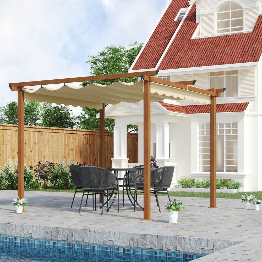 Aluminium Pergola with Retractable Shade Canopy - Khaki