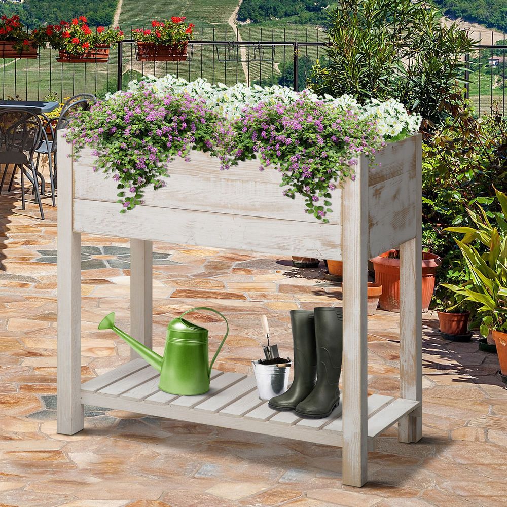 Raised Bed Elevated Wooden Planter Grow Box with 2 tiers, 4 Pockets White