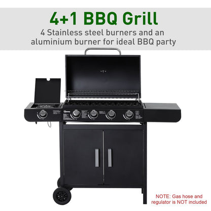 4+1 Gas BBQ Grill with Wheels, Steel-Black