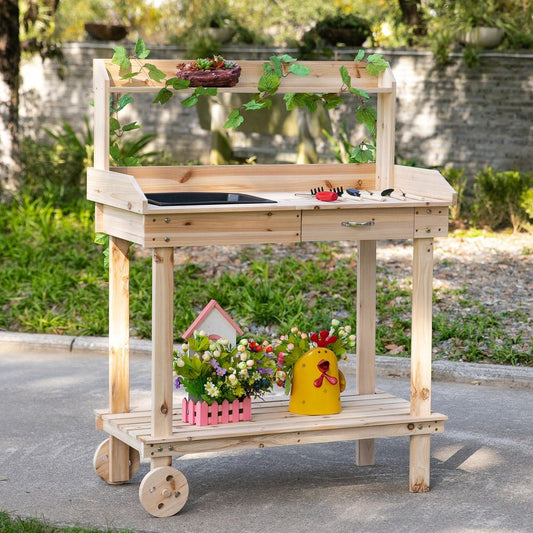 Wooden Bench Work Table & 2 Wheels, Sink