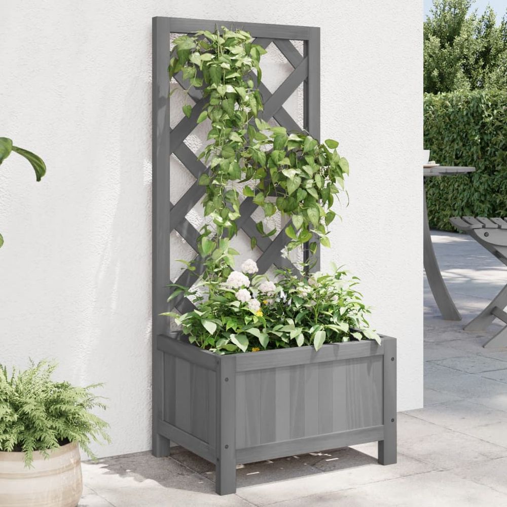 Planter with Trellis Grey Solid Wood Fir