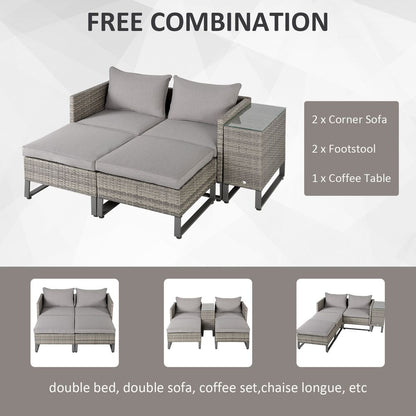 Rattan Sofa Set Lounge Double Sofa Bed & Coffee Table & Footstool Grey