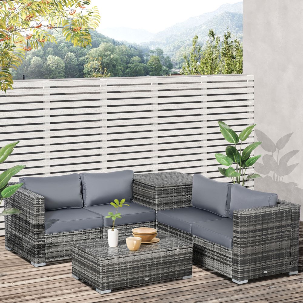 Rattan Corner Sofa Set Table  w/ Cushion Grey