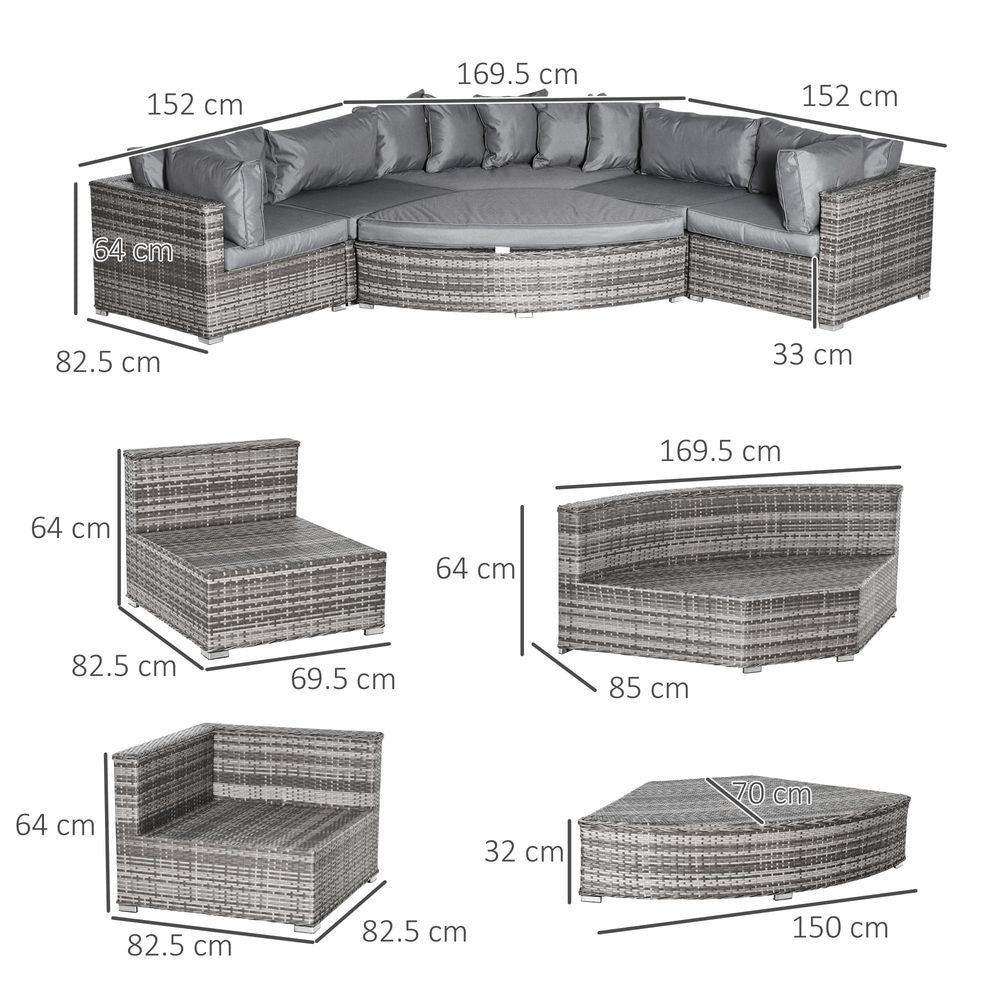 Rattan  Sofa Set Half Round with Cushions Grey