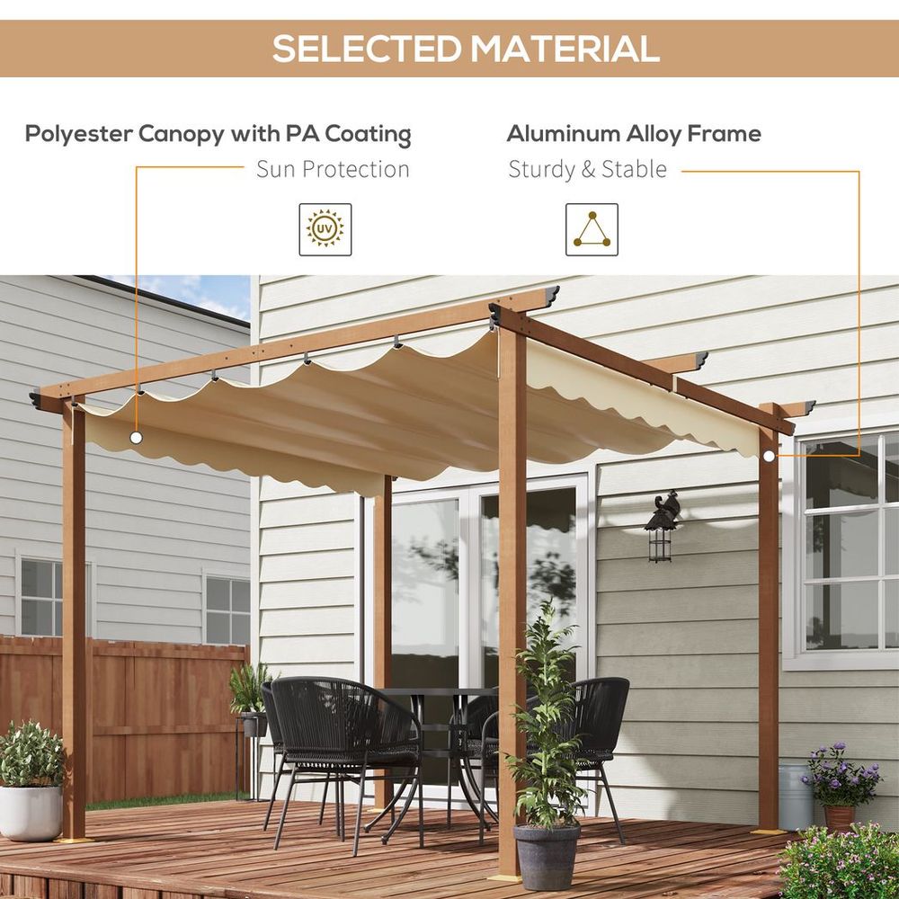 Aluminium Pergola with Retractable Shade Canopy - Khaki