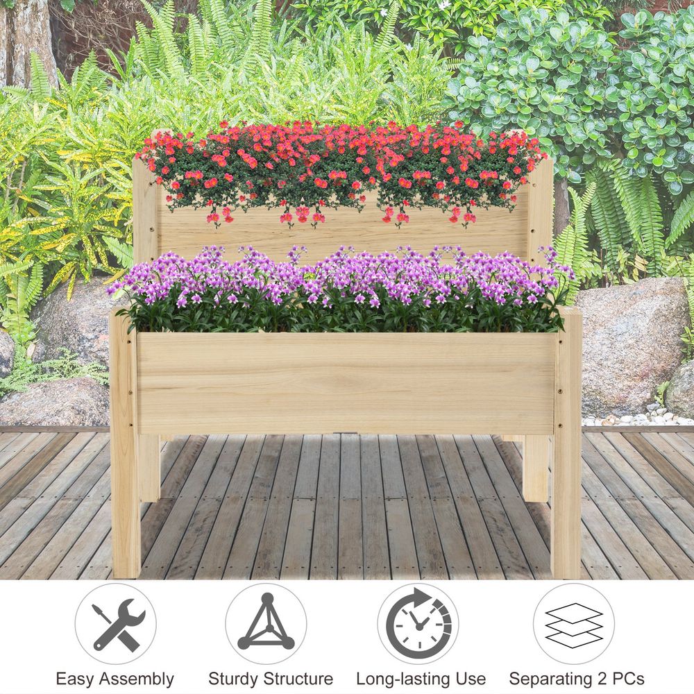 2-Piece Solid Fir Wood Plant Raised Bed Herb Grow Box Planter 86x85x72cm