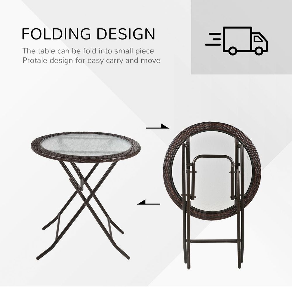 Folding Round Tempered Glass Metal Table with Brown Rattan Edging