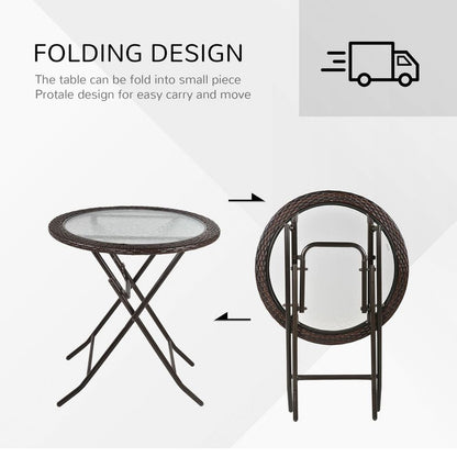 Folding Round Tempered Glass Metal Table with Brown Rattan Edging