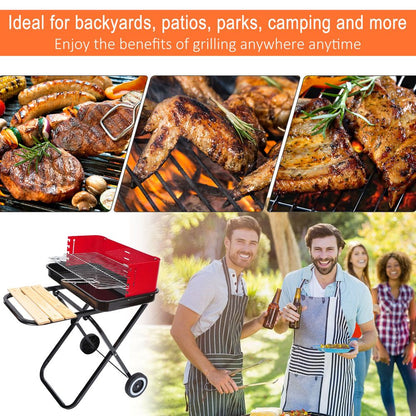 Foldable Charcoal Barbecue Grill W/ Wheels-Red & Black