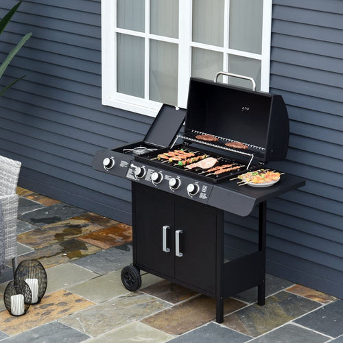 4+1 Gas BBQ Grill with Wheels, Steel-Black