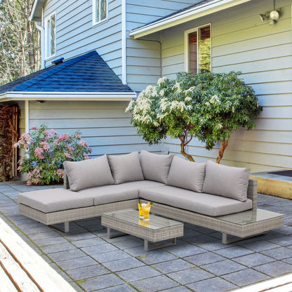 Rattan Sofa Set, Tea Table, Side Table & Cushioned Grey