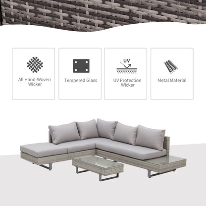 Rattan Sofa Set, Tea Table, Side Table & Cushioned Grey