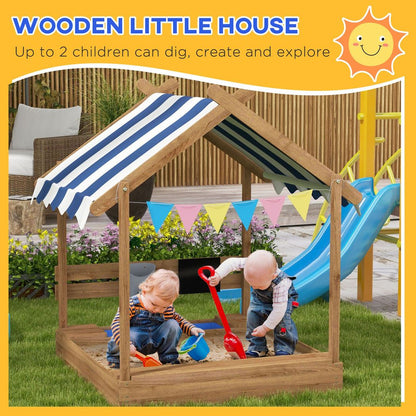 Sand Pit with Canopy, Blackboard, Toys, Sink, Seats, Flags for Kids